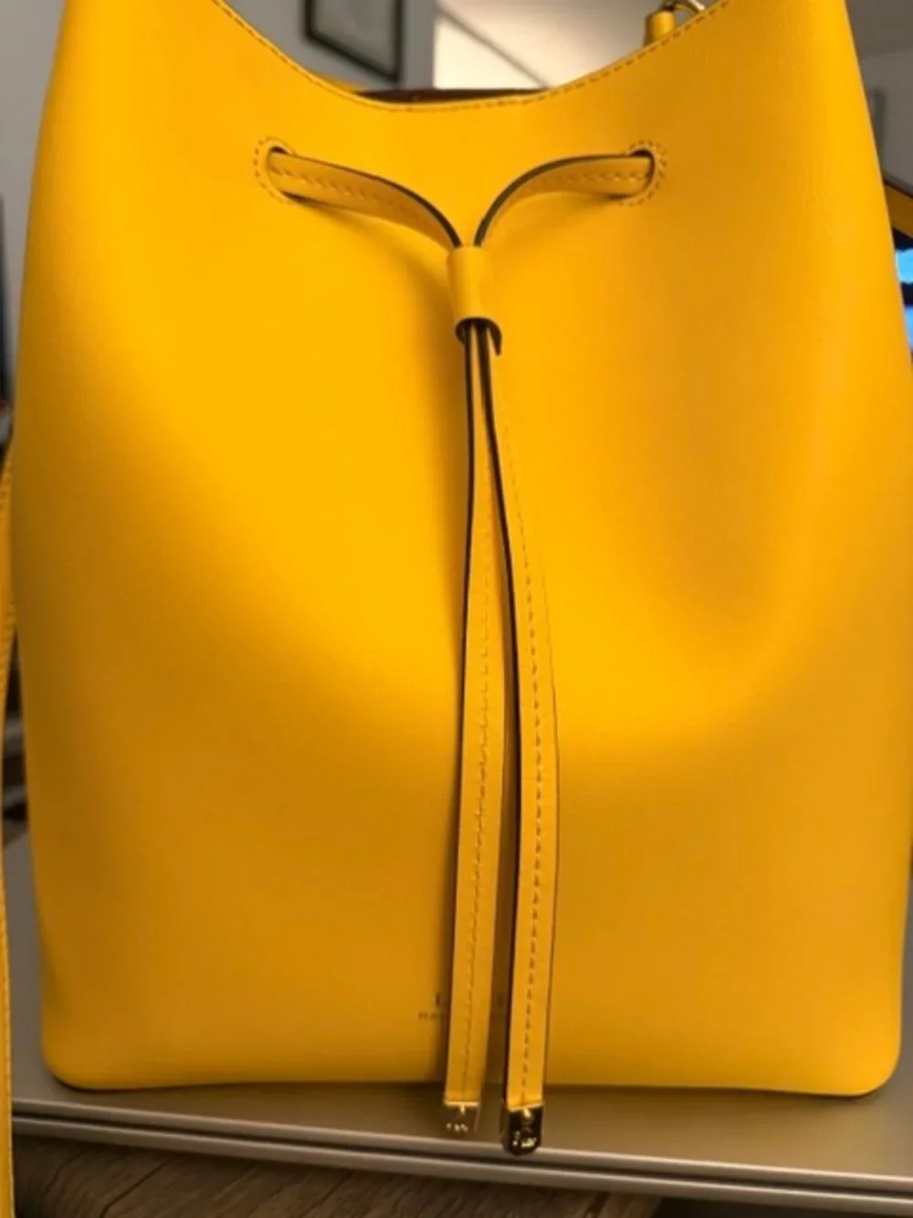 RALPH LAUREN DRAWSTRING BUCKET LEATHER BAG, DEBBY, YELLOW, PREOWNED